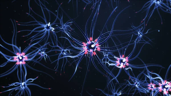 Red neuronal sobre fondo azul oscuro con efectos de luz. Ilustración 3D. Una alta resolución . — Foto de Stock