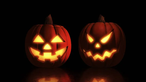 Abóboras assustadoras de Halloween isoladas em um fundo preto. Assustador brilhante rostos truque ou tratar 3d ilustração — Fotografia de Stock