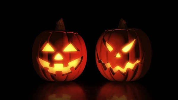 Jack O Lanterna halloween abóbora sobre fundo preto com reflexão de luz no chão e espaço de cópia. Vista frontal. ilustração 3d — Fotografia de Stock