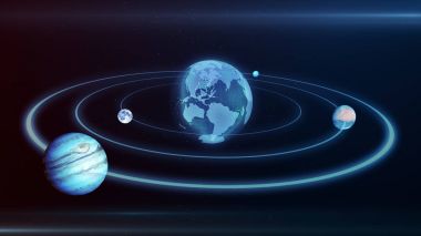 Hologram planet Earth, ay, Jüpiter bir elips alan 3d resimde boyunca hareket