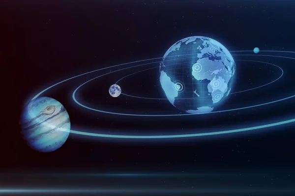 Ολογράμματα από τον πλανήτη γη, Σελήνη, Δίας που κινείται κατά μήκος μιας έλλειψης σε 3d απεικόνιση χώρου — Φωτογραφία Αρχείου