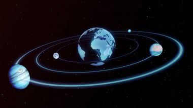 Hologram planet Earth, ay, Jüpiter bir elips alan 3d resimde boyunca hareket