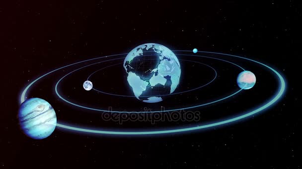 Holograms of the planet earth, moon, Jupiter moving along an ellipse in space — Stock Video