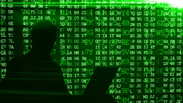 매트릭스 전도의 녹색 배경 컴퓨터 코드 자릿수 3d 그림에 해커의 개념적 이미지 — 스톡 사진