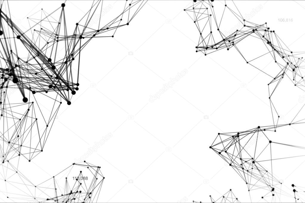 Abstract black and white space background, geometry surfaces, lines and points. Abstract tunnel grid. Can be used as digital dynamic wallpaper, technology background. 3d illustration