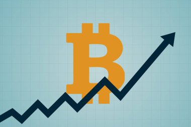 düz simgesi tasarım yükseliş çizgi ok bitcoin işareti mavi renk arka plan üzerinde aracılığıyla kırma