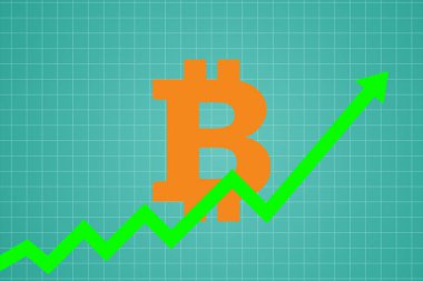 düz simgesi tasarım yükseliş çizgi ok bitcoin işareti mavi renk arka plan üzerinde aracılığıyla kırma