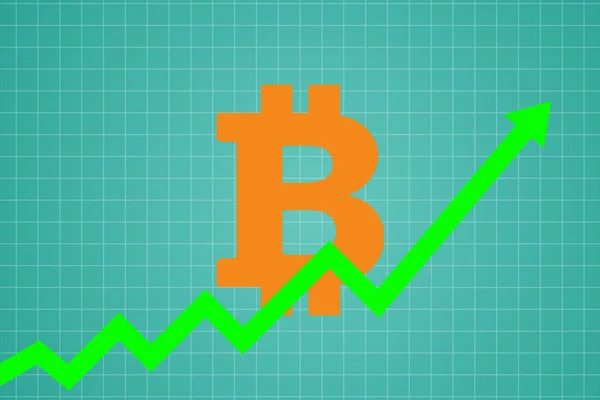Diseño de icono plano de la flecha de línea de tendencia ascendente rompiendo a través del signo de bitcoin sobre fondo de color azul — Foto de Stock