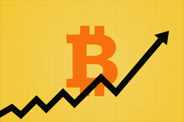 Diseño de icono plano de la flecha de línea de tendencia ascendente rompiendo a través del signo de bitcoin en el fondo de color amarillo — Foto de Stock