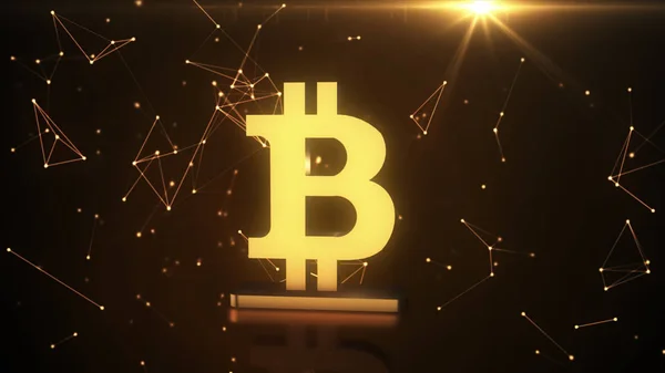 Золотой символ bitcoin, новые виртуальные деньги на различном цифровом фоне, трехмерная иллюстрация — стоковое фото
