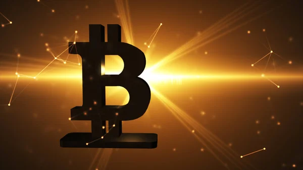Золотой символ bitcoin, новые виртуальные деньги на различном цифровом фоне, трехмерная иллюстрация — стоковое фото