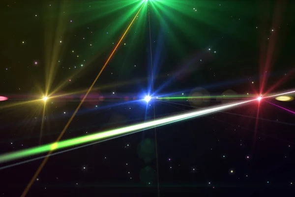 Lazer ışık disko karanlıkta çok renkli ışınları gösterisinden. Uyarı, lazer ışınları kamera sensörü 3d çizim için tehlikeli — Stok fotoğraf