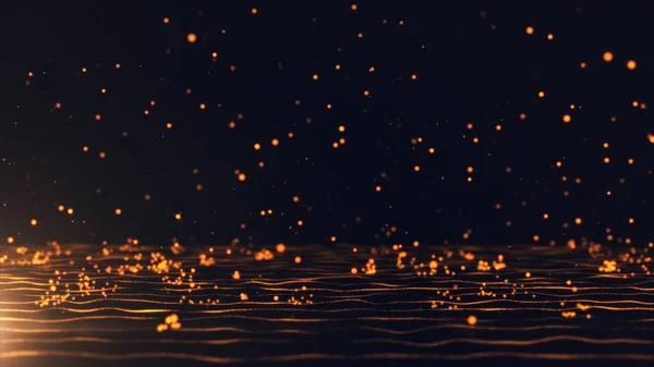 Abstrakter Hintergrund mit sich bewegenden und flackernden Goldpartikeln. Hintergrund des Bokeh. 3D-Illustration — Stockfoto