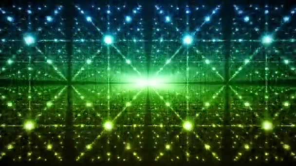 Abstracte achtergrond. Matrix van gloeiende sterren met de illusie van diepte en perspectief. Abstracte futuristische ruimte achtergrond. — Stockvideo