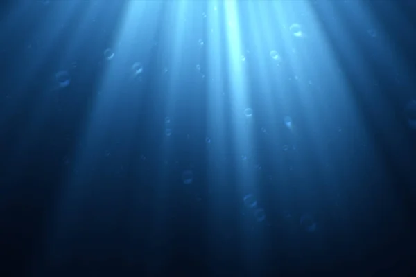 Scena subacquea con bolle d'aria galleggianti e sole splendente attraverso l'acqua illustrazione 3d — Foto Stock