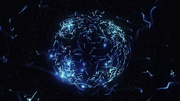 光る粒子空間で青い球体。抽象的な背景。粒子と美しい背景。粒子の 3 d イラストが黒い背景に分離された球 — ストック写真
