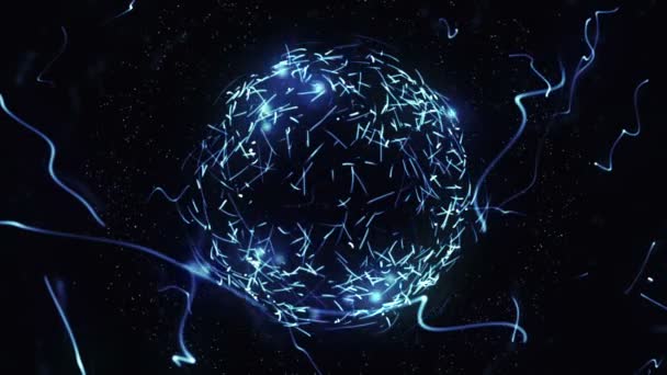 Blue sphere in space with glowing particles. Abstract background. Loop video. Seamless. Beautiful background with particles. Isolated sphere on black background with particles — Stock Video