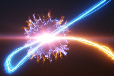 Sıcak ve soğuk ışık çizgi duman ve hafif parçacıklar siyah bir zemin üzerine patlak ve uzayda 3d çizim birbirleri ile iletişim halinde olduğu zaman patlayabilir