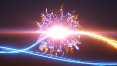 Sıcak ve soğuk ışık çizgi duman ve hafif parçacıklar siyah bir zemin üzerine patlak ve uzayda 3d çizim birbirleri ile iletişim halinde olduğu zaman patlayabilir