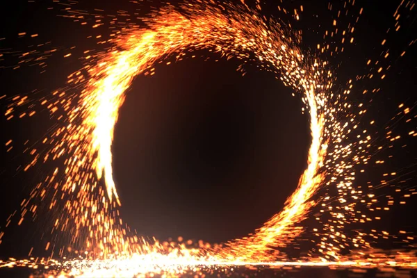Abstrakcja ogień pierścień ognia fajerwerków płomienia spalania. Iskrzenia, wzór kręgu ognia lub zimnego ognia lub fireworks w czarnym tle. ilustracja 3D — Zdjęcie stockowe