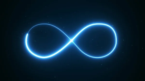 Blue magic glödande ljus infinity tecken snurra trail på svart bakgrund. Blå neon glitter brand spark spiral vågig linje — Stockfoto