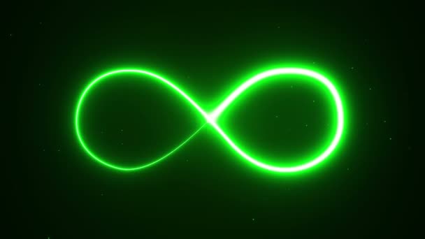 Animation appearance of infinity shape from green neon on dark background. Seamless loop