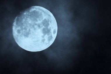 Dolunay gece gökyüzü. ay ışığı. bulutlar ve ay, güzel gece ürkütücü 3d çizim