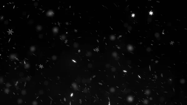 Fallande snöflingor, magiska snö svart bakgrund 3d illustration — Stockfoto