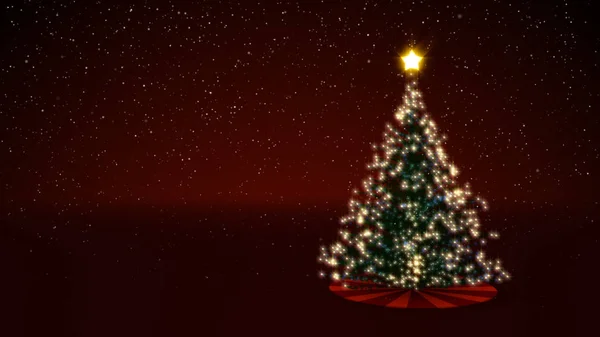 3D illustratie van een gloeiende versierd kerstboom met sneeuw en een rode feestelijke achtergrond — Stockfoto