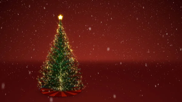 Illustrazione 3D di un albero di Natale decorato con neve e uno sfondo festivo rosso — Foto Stock