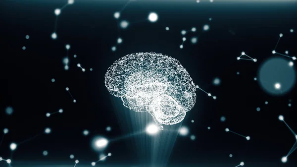 라인 및 빛나는 점 들과 진한 파란색 배경에 그림자와 인공 지능의 원형 회전 다각형 뇌 모양. 3 차원 일러스트 레이 션 — 스톡 사진