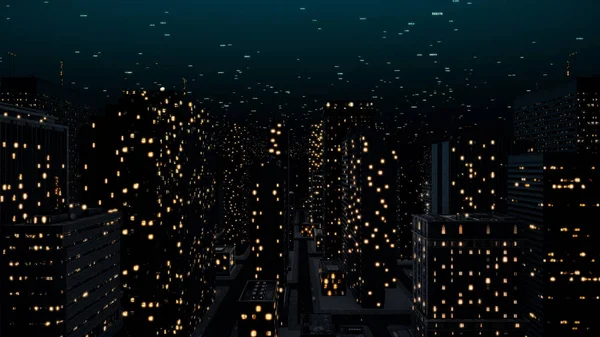 Концепция связи 3D иллюстрация полета камеры в ночном городе — стоковое фото