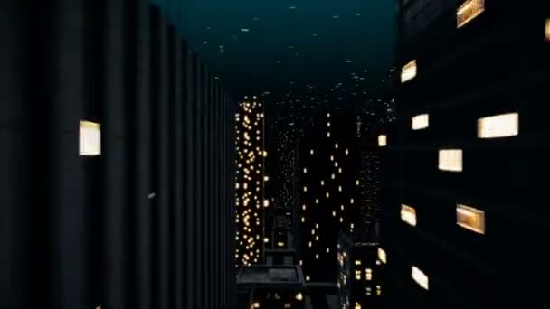Animação conceito de comunicação do voo da câmera na cidade noturna — Vídeo de Stock