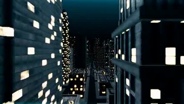 Concepto de comunicación animación del vuelo de la cámara en la ciudad nocturna — Vídeos de Stock