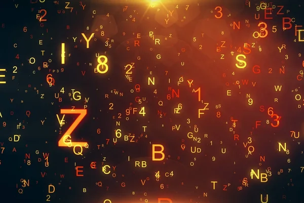 Harfler ve şekiller 3d çizim uçan ile teknolojik arka plan