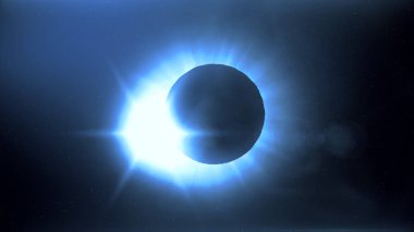 Tam güneş tutulması. Ay çoğunlukla bir elmas yüzük etkisi oluşturma görünür güneş kapakları. Bu astronomik fenomen dünyanın sonu bir işareti olarak görülebilir. 3D çizim