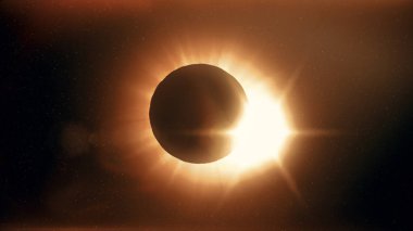 Tam güneş tutulması. Ay çoğunlukla bir elmas yüzük etkisi oluşturma görünür güneş kapakları. Bu astronomik fenomen dünyanın sonu bir işareti olarak görülebilir. 3D çizim