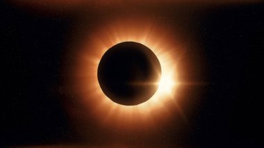 Tam güneş tutulması. Ay çoğunlukla bir elmas yüzük etkisi oluşturma görünür güneş kapakları. Bu astronomik fenomen dünyanın sonu bir işareti olarak görülebilir. 3D çizim
