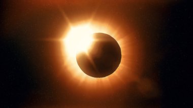 Tam güneş tutulması. Ay çoğunlukla bir elmas yüzük etkisi oluşturma görünür güneş kapakları. Bu astronomik fenomen dünyanın sonu bir işareti olarak görülebilir. 3D çizim