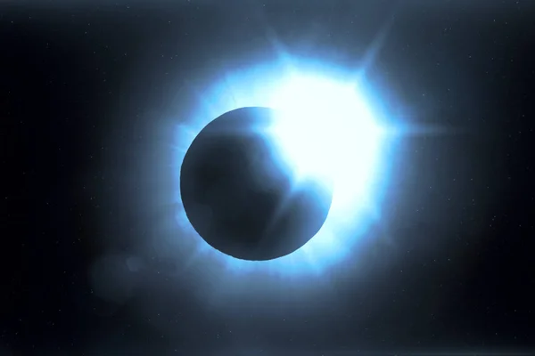 全日食月球主要覆盖可见的太阳, 形成一个钻石环效应。这种天文现象可以被看作是世界末日的征兆。3d 插图 — 图库照片