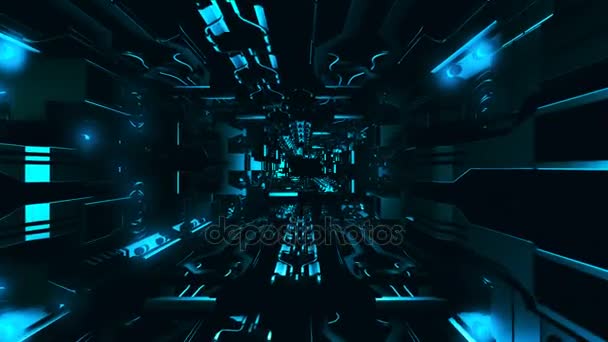 Flyga insidan futuristiska metalliska korridor — Stockvideo