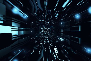Fütüristik metalik koridor 3d render içinde sinek