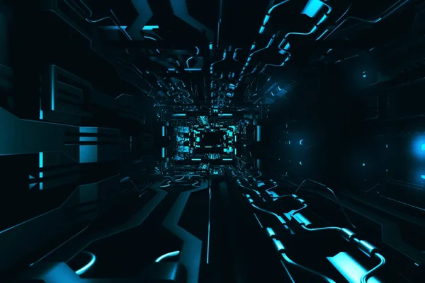 Zboară în interiorul coridorului metalic futurist redare 3D — Fotografie, imagine de stoc