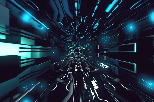 Vliegen binnenkant van futuristische metalen corridor 3D-rendering — Stockfoto