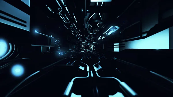 Fly inside of futuristic metal corridor 3d rendering — стоковое фото
