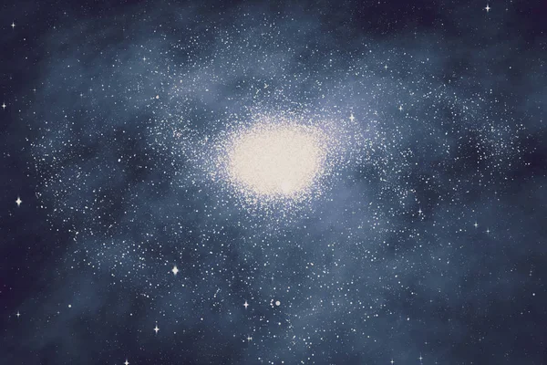 スペースの背景。カメラが青とマゼンタ色の星雲を飛んでいます。星は周りにあふれています。3 d イラストレーション — ストック写真