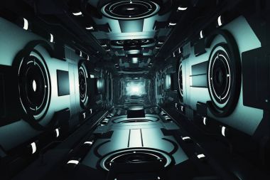 Bir soyut metal fütüristik koridor 3d illüstrasyon soyut uçuş