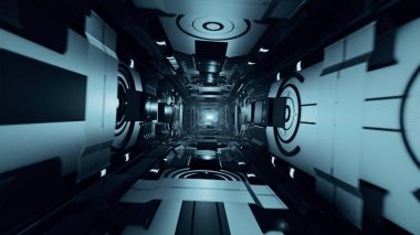 Bir soyut metal fütüristik koridor 3d illüstrasyon soyut uçuş