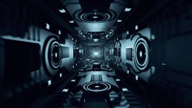 Bir soyut metal fütüristik koridor 3d illüstrasyon soyut uçuş