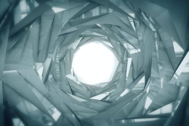 Soyut teknoloji tünel. Kamera döner ve beyaz ışık ilerleyecektir yansımaları ile gümüş metal concstruciton keskin köşeler. Dinamik arka plan proje 3d çizim için